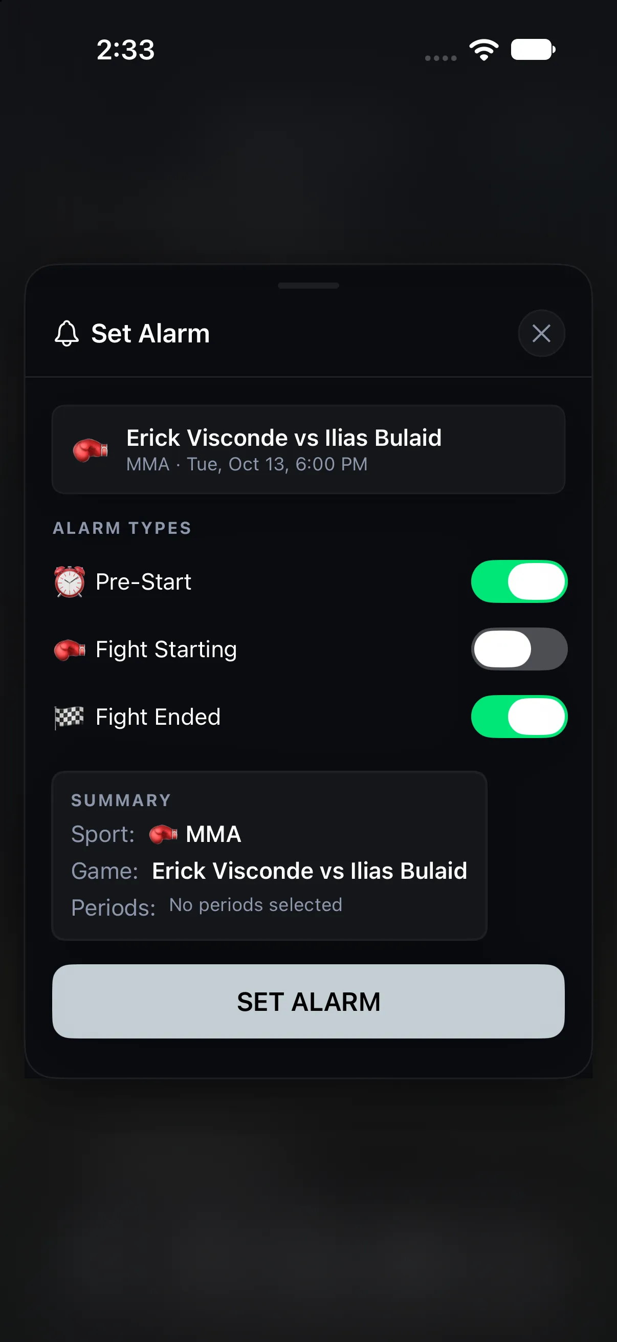 UFC MMA fight alarm setup screen