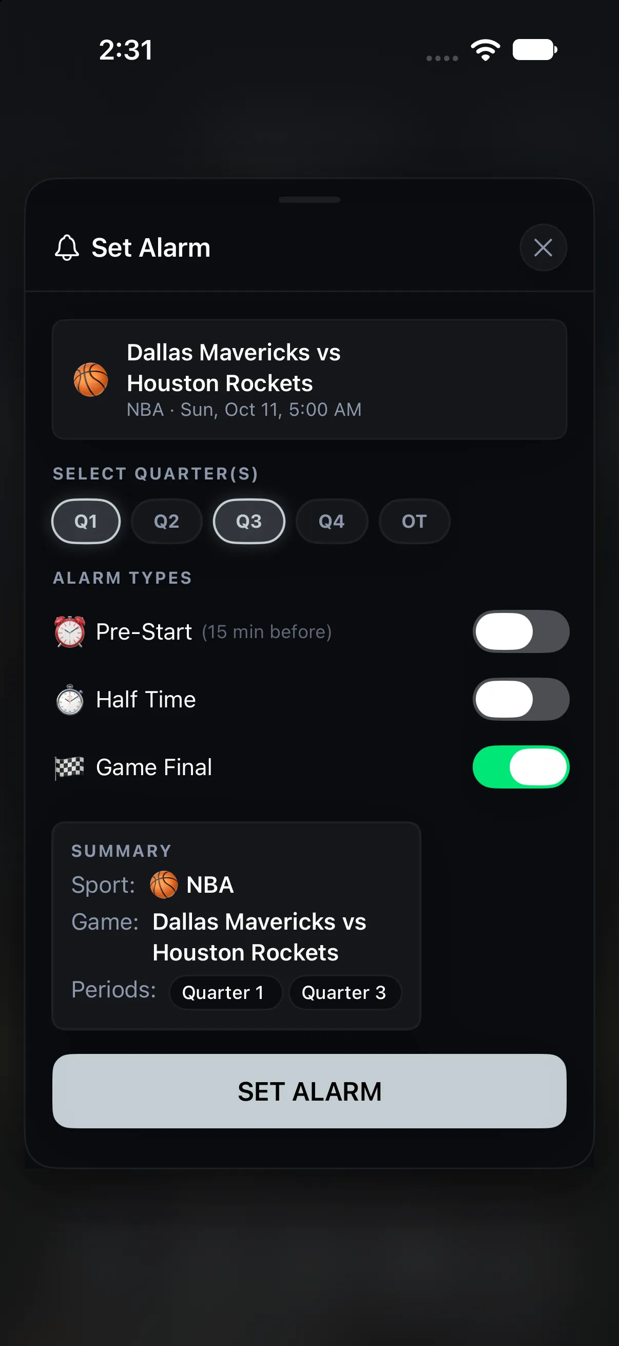 NBA alarm setup screen