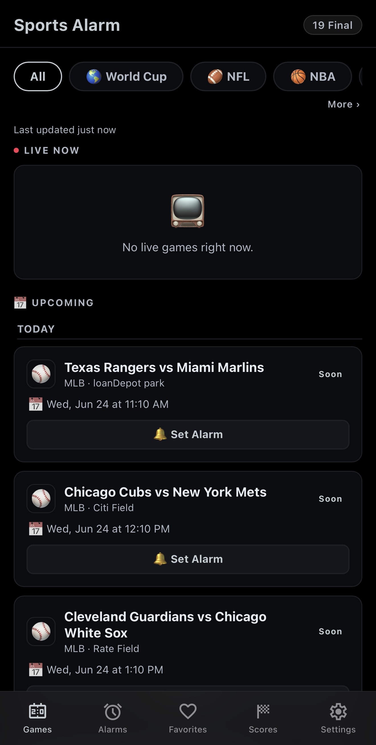 Sports Alarm app — Games tab with upcoming matchups