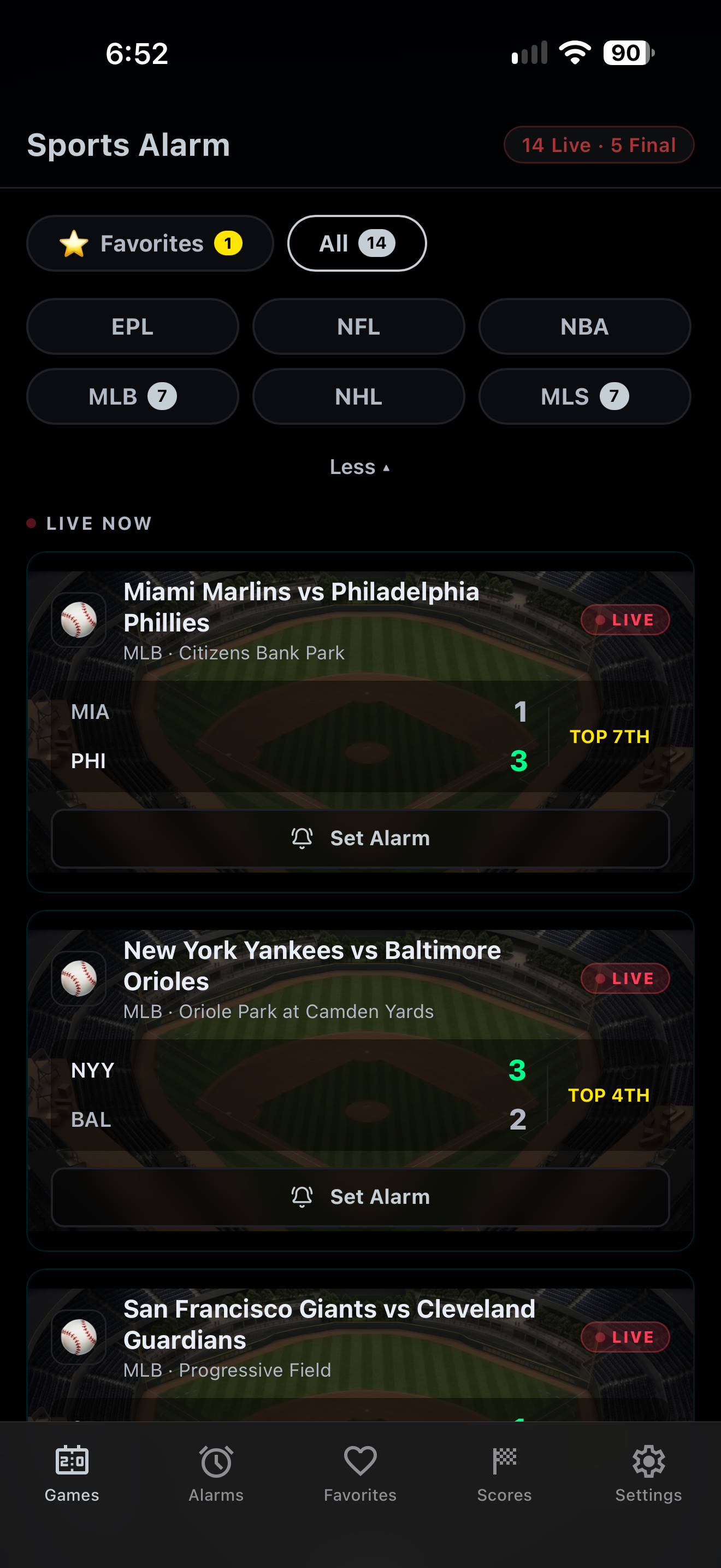 Sports Alarm app — Games tab with upcoming matchups