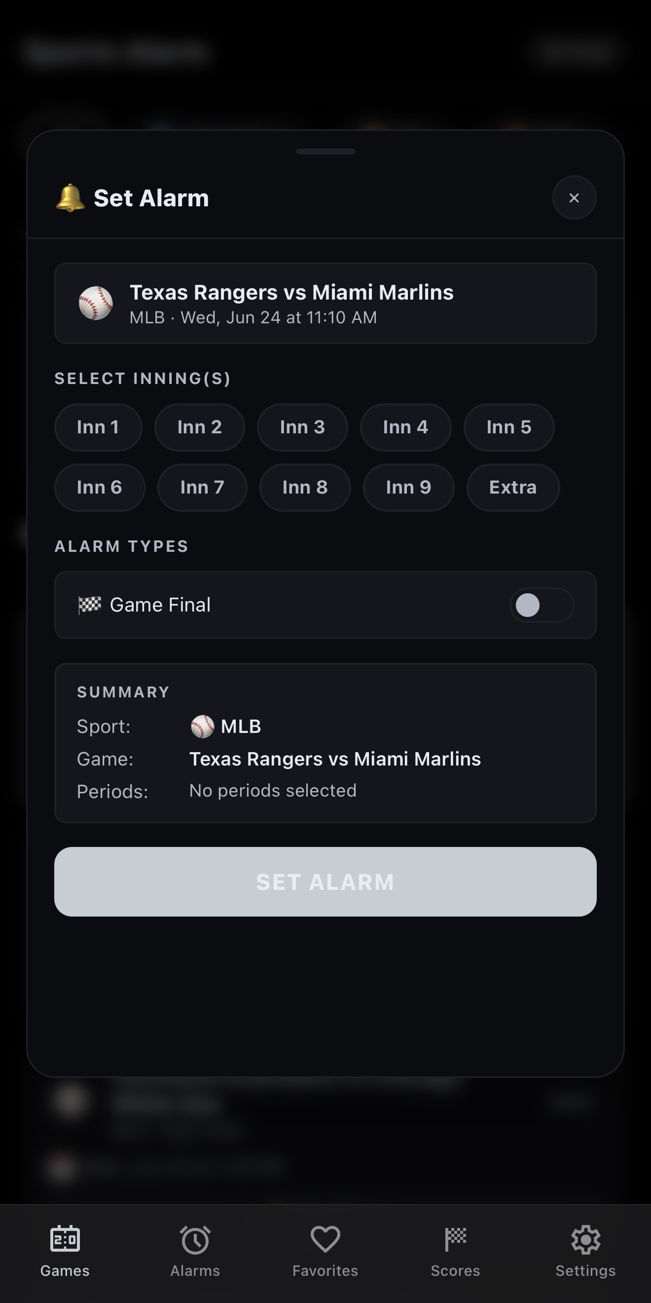 Set a baseball game alarm