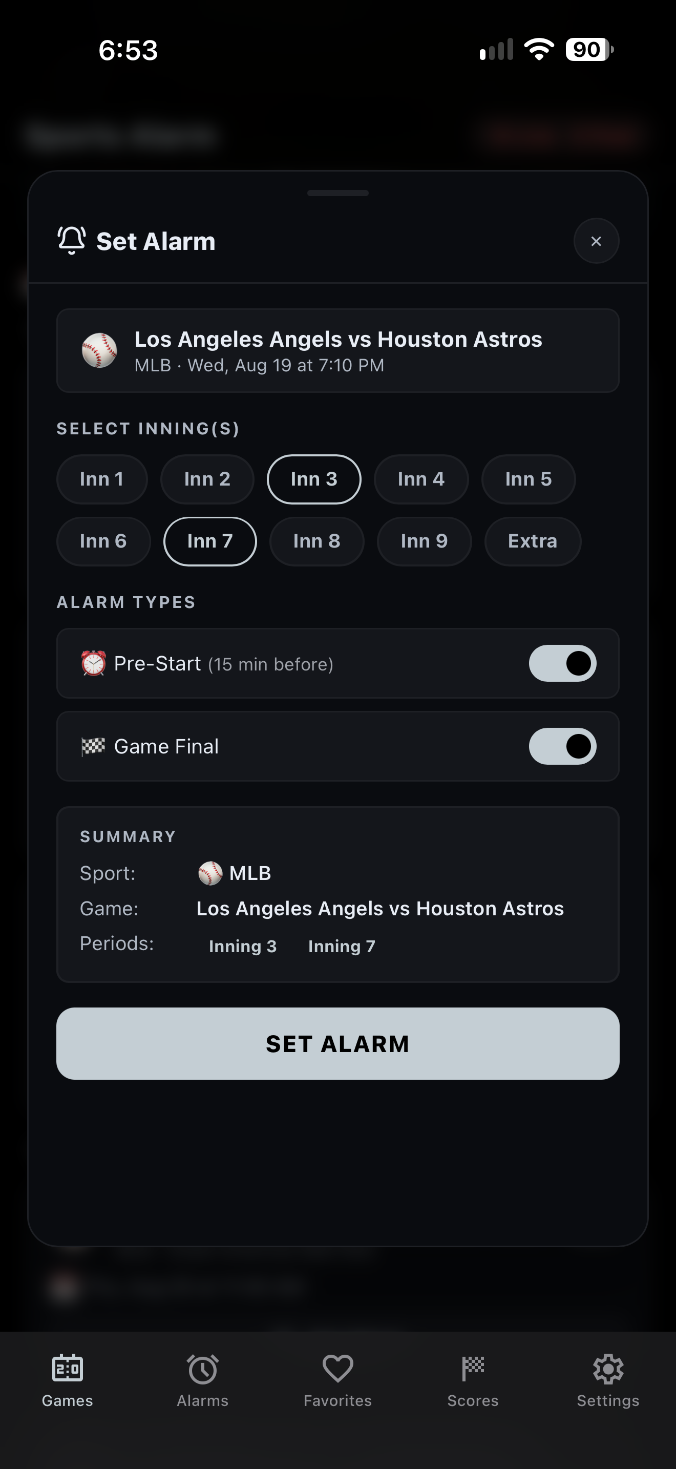 Set a baseball game alarm