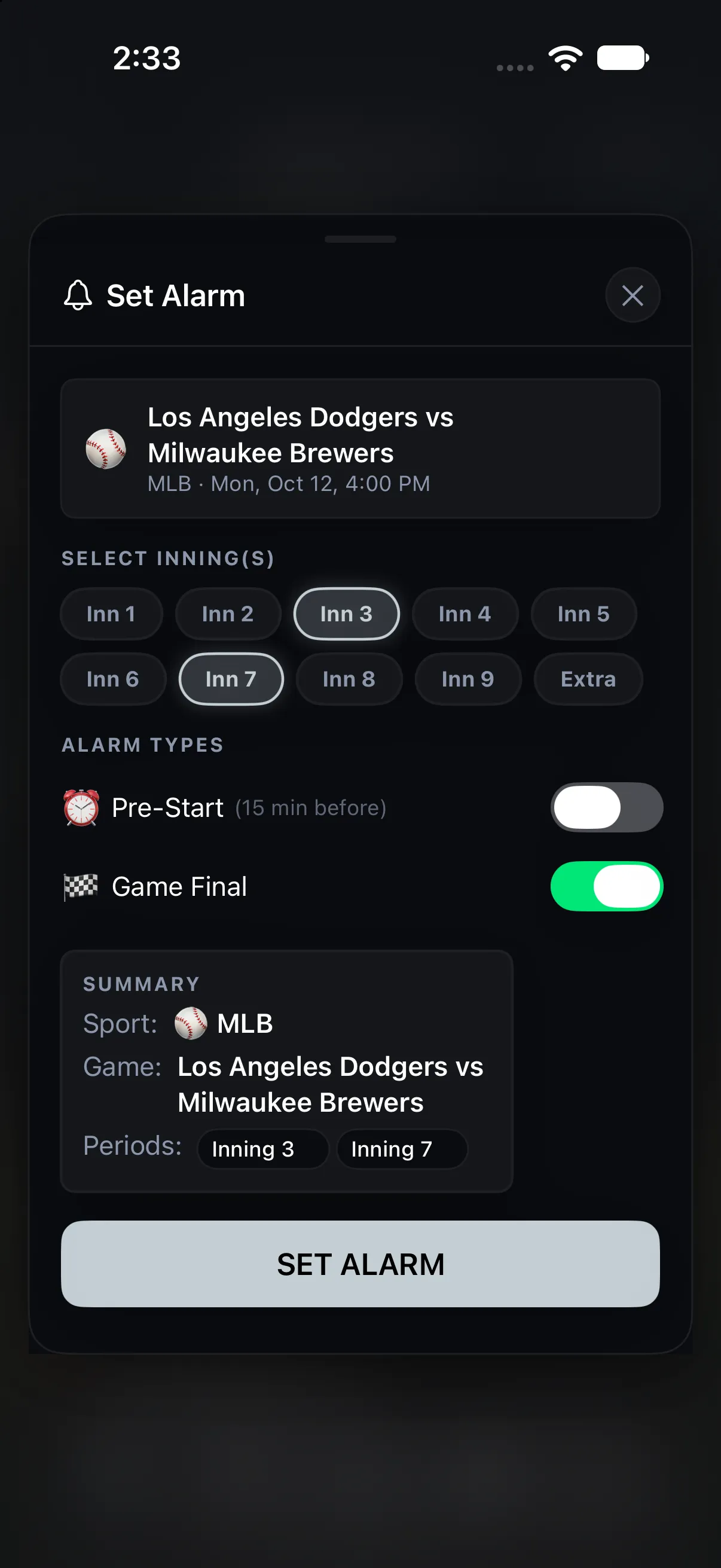 Baseball alarm setup screen
