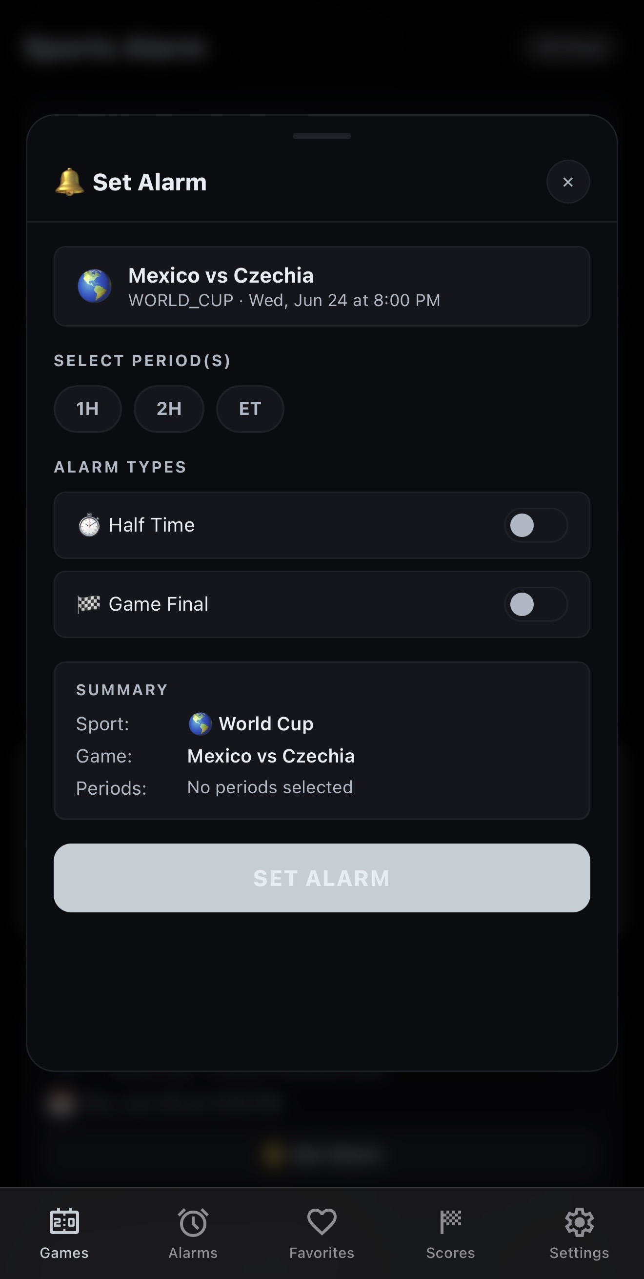 Soccer alarm setup screen