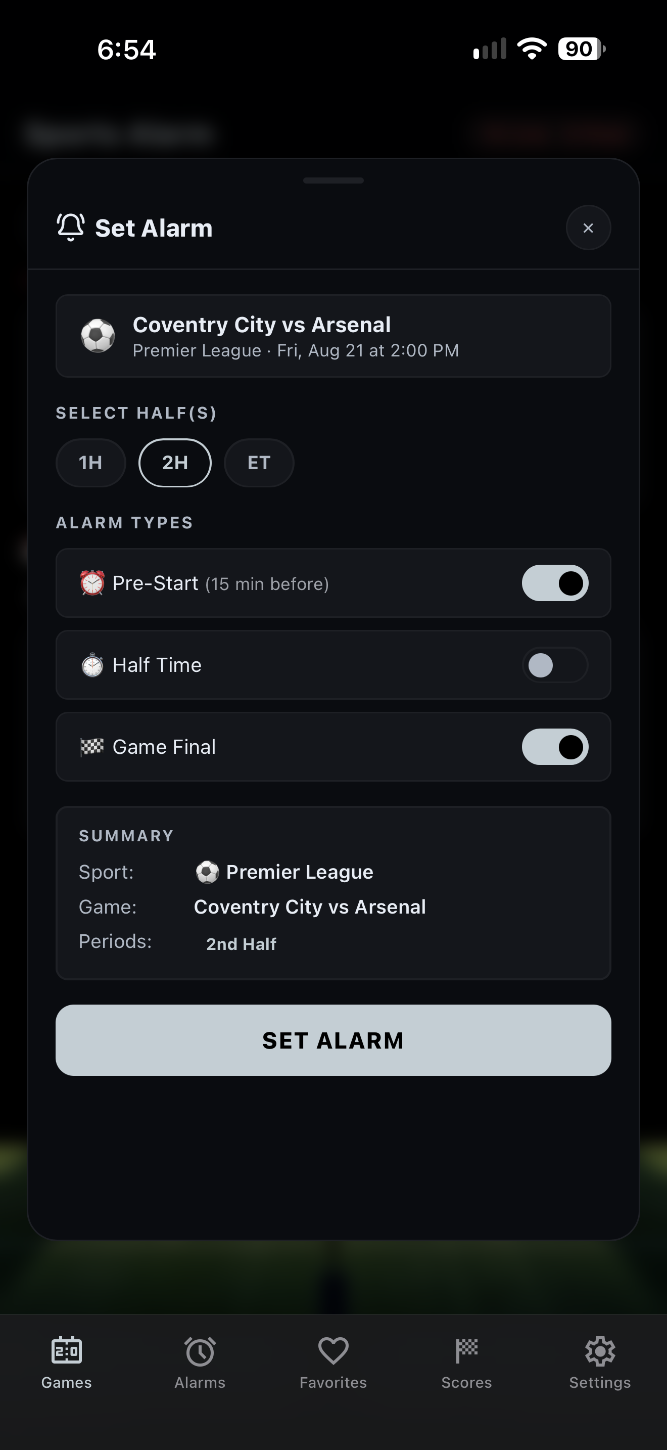 Soccer alarm setup screen