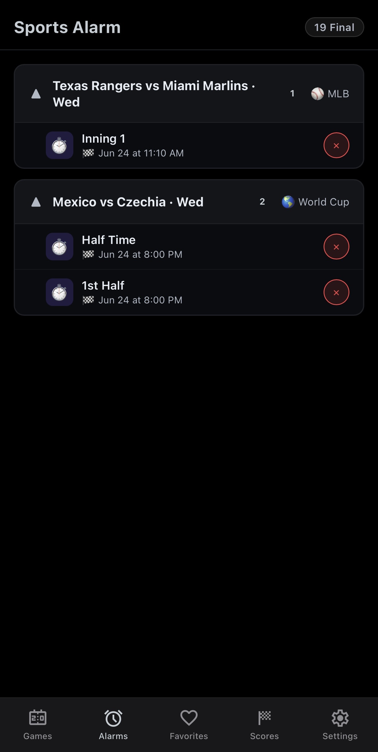 Alarms tab with active game alerts