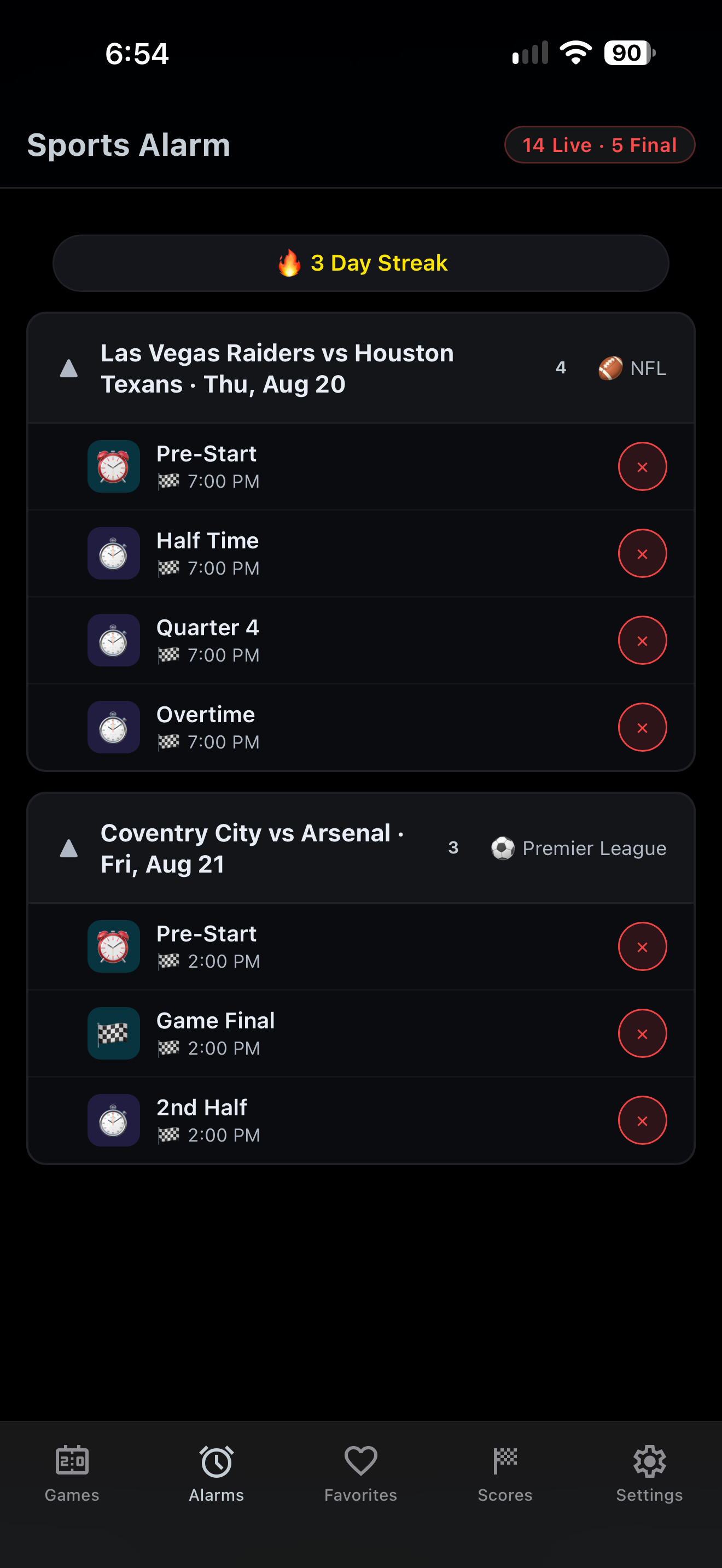 Alarms tab with active game alerts