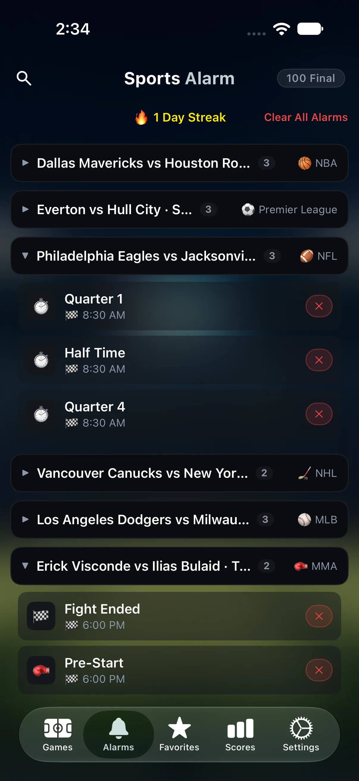 Alarms tab with active game alerts