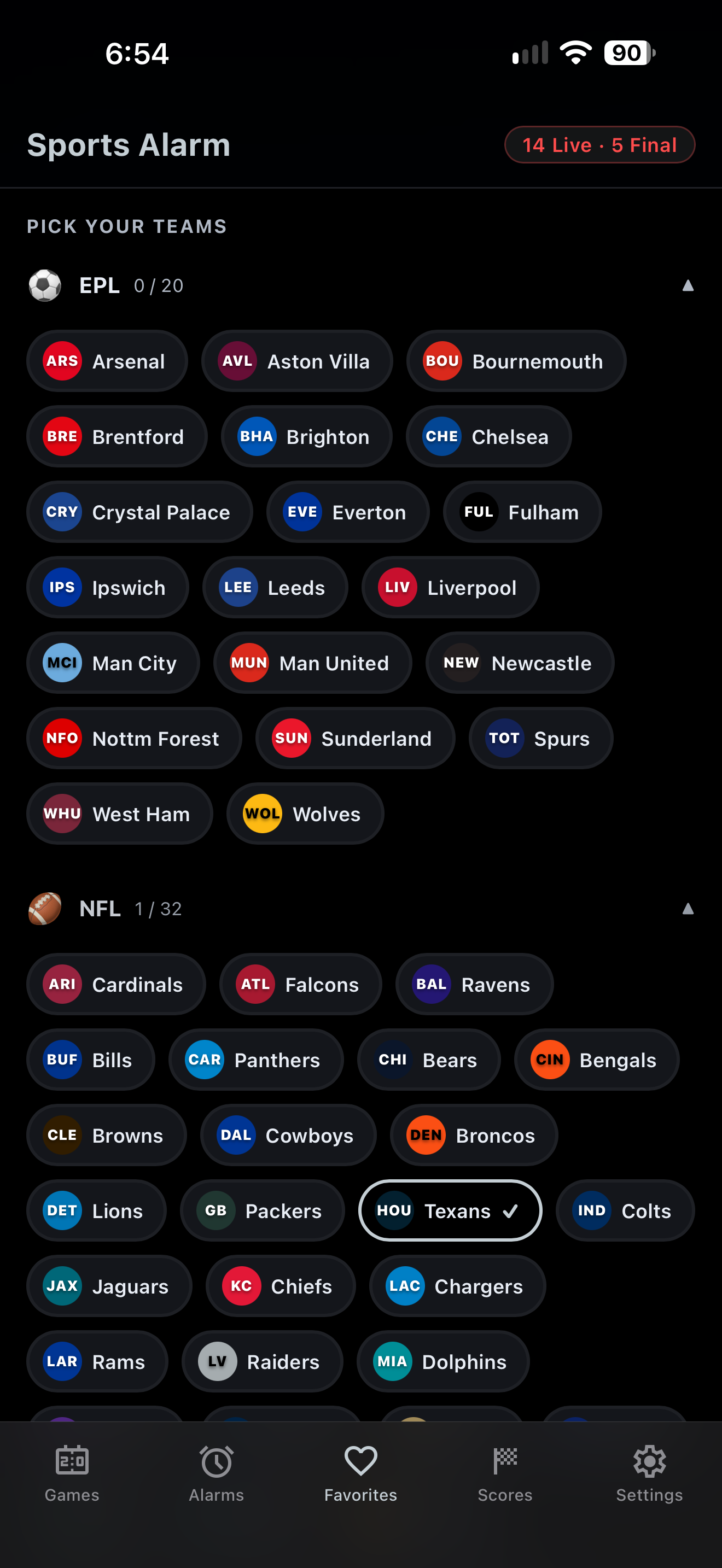 Favorites tab with pinned teams