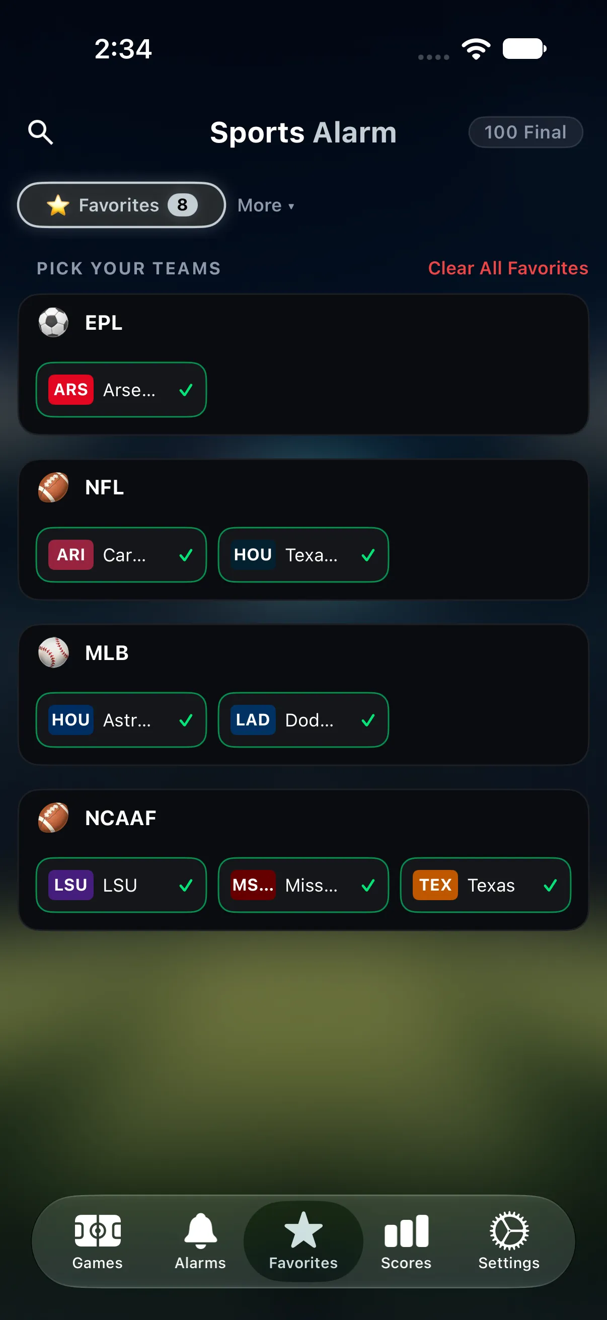 Favorites tab with pinned teams