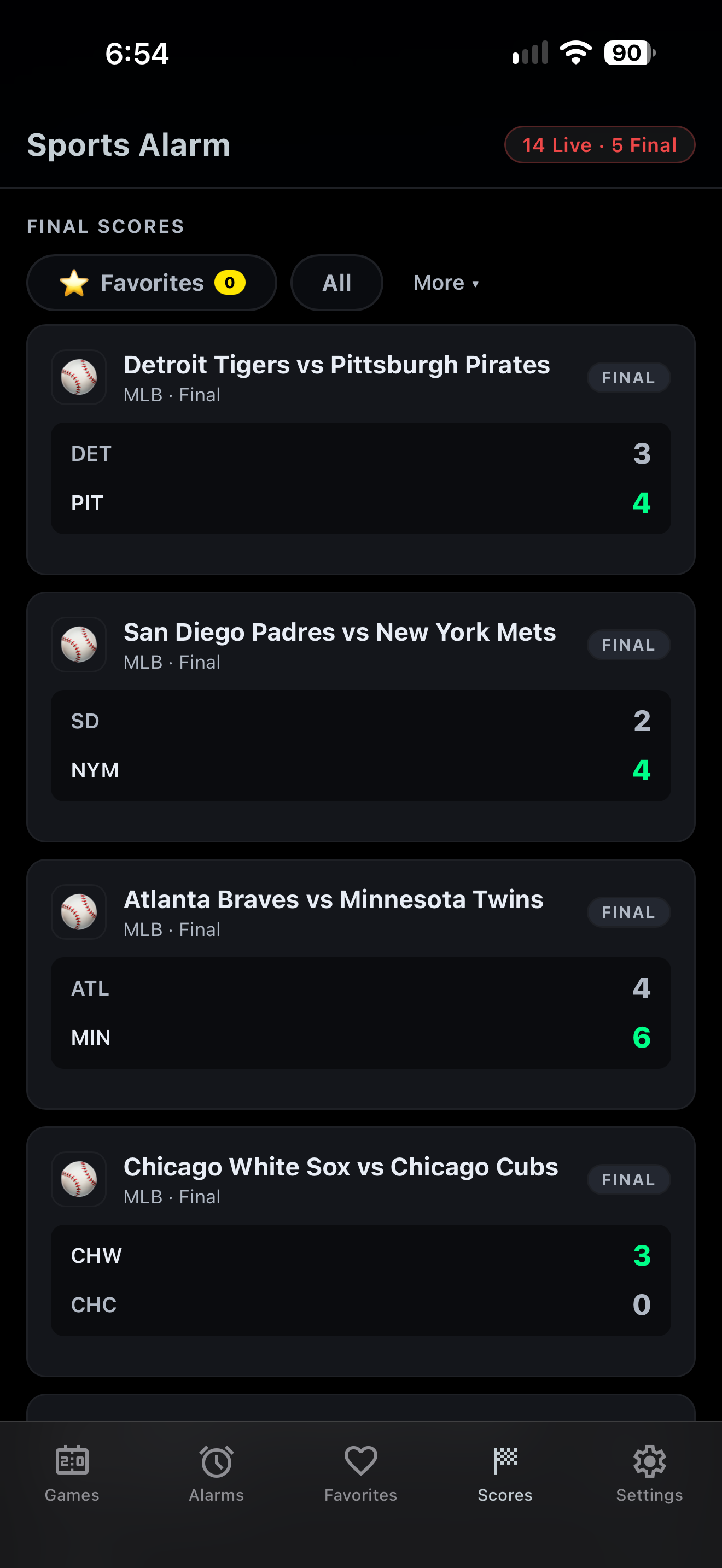Scores tab with game results