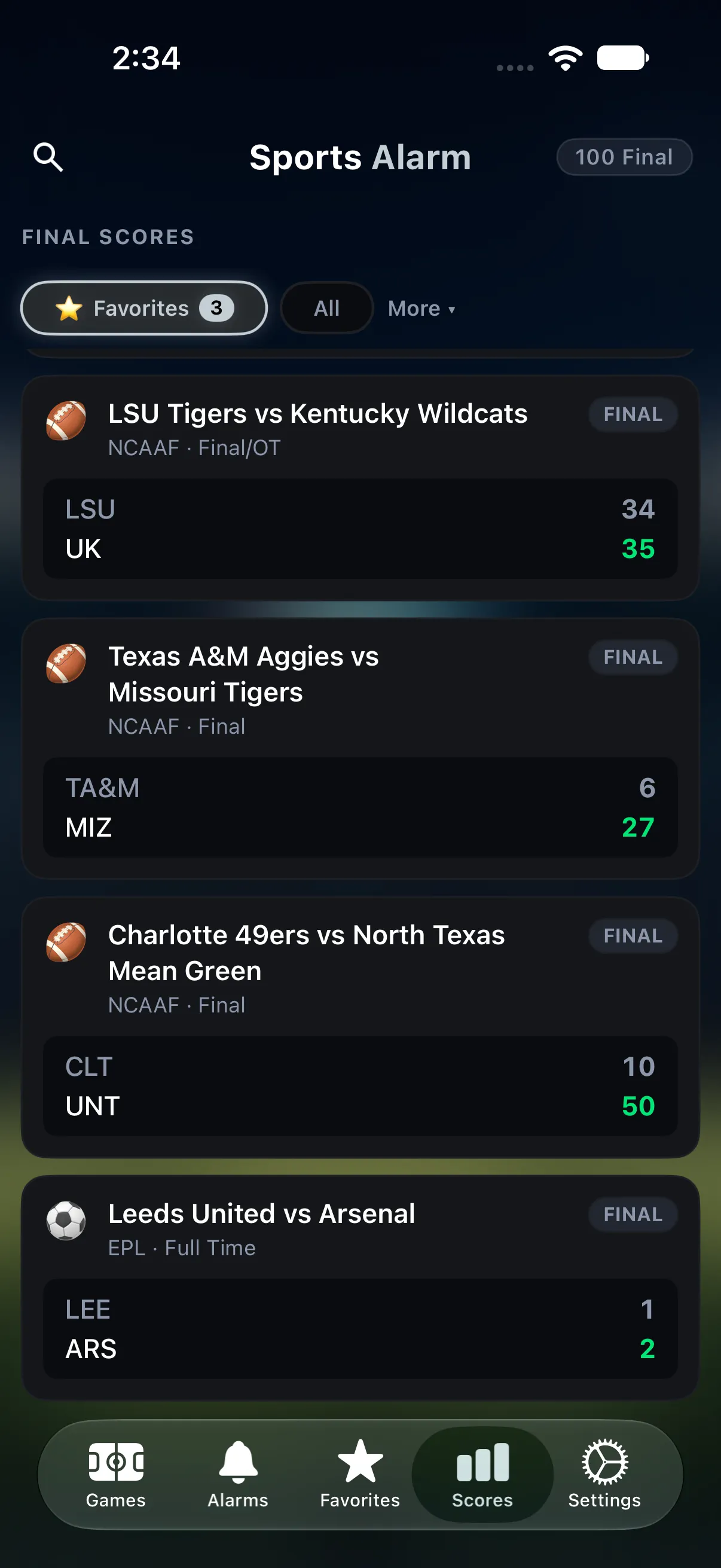 Scores tab with game results