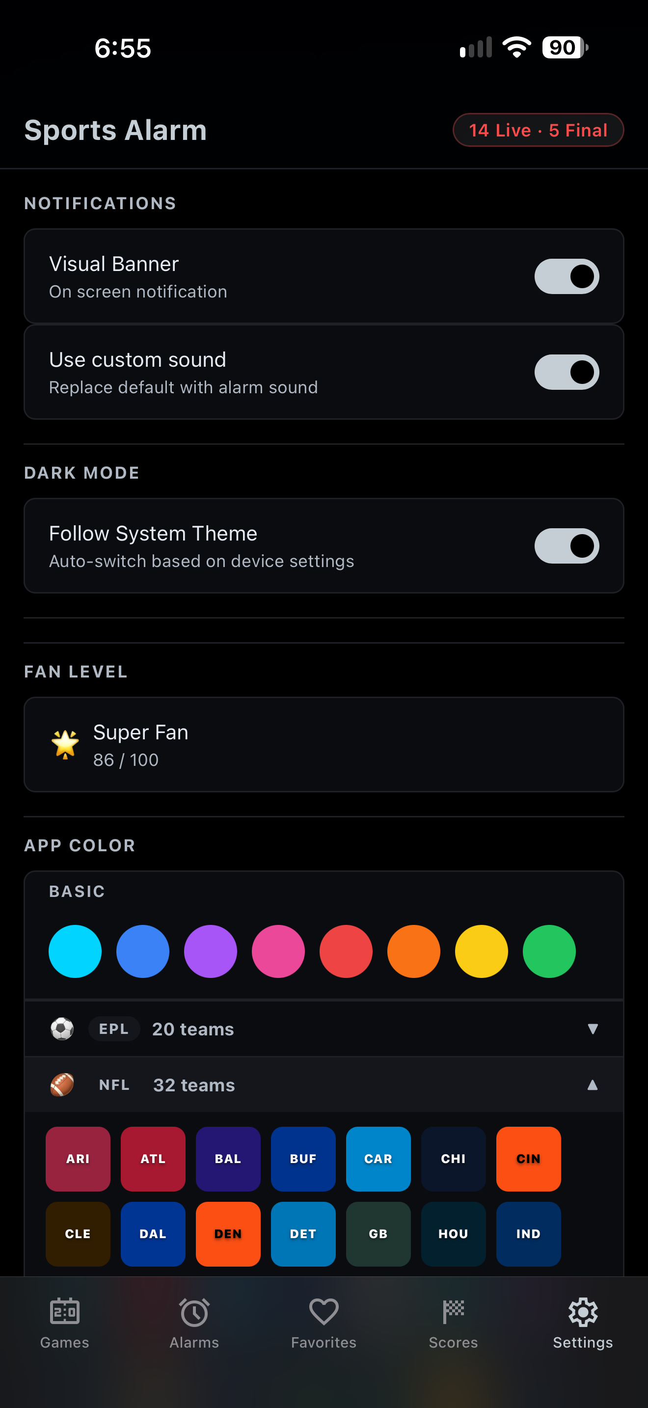 Settings screen