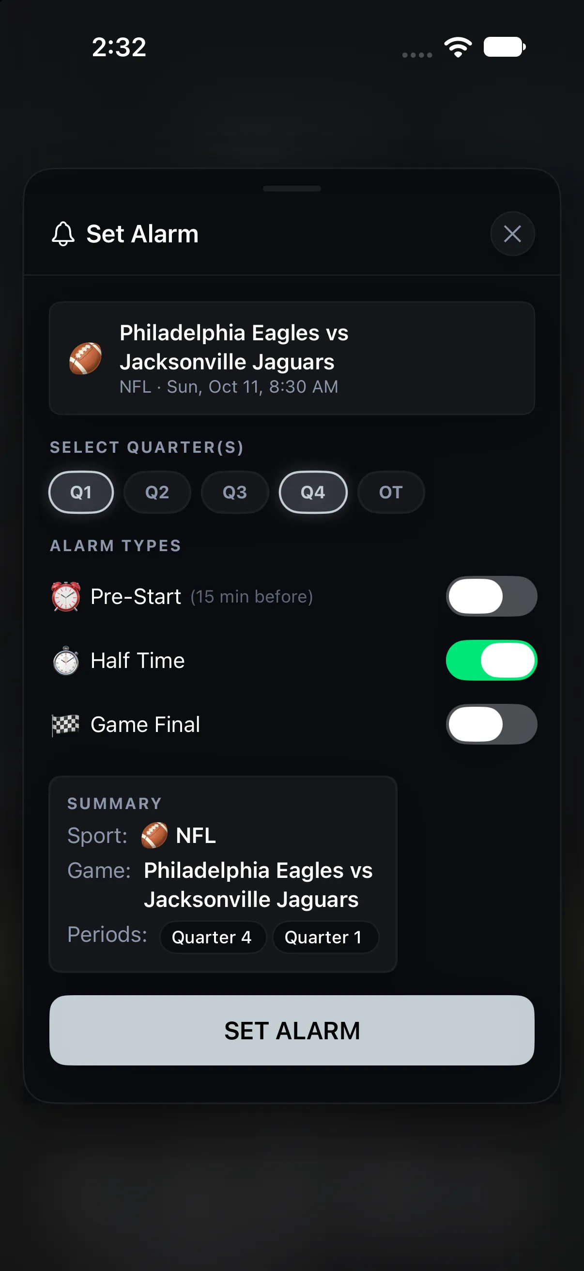 Set an NFL game alarm