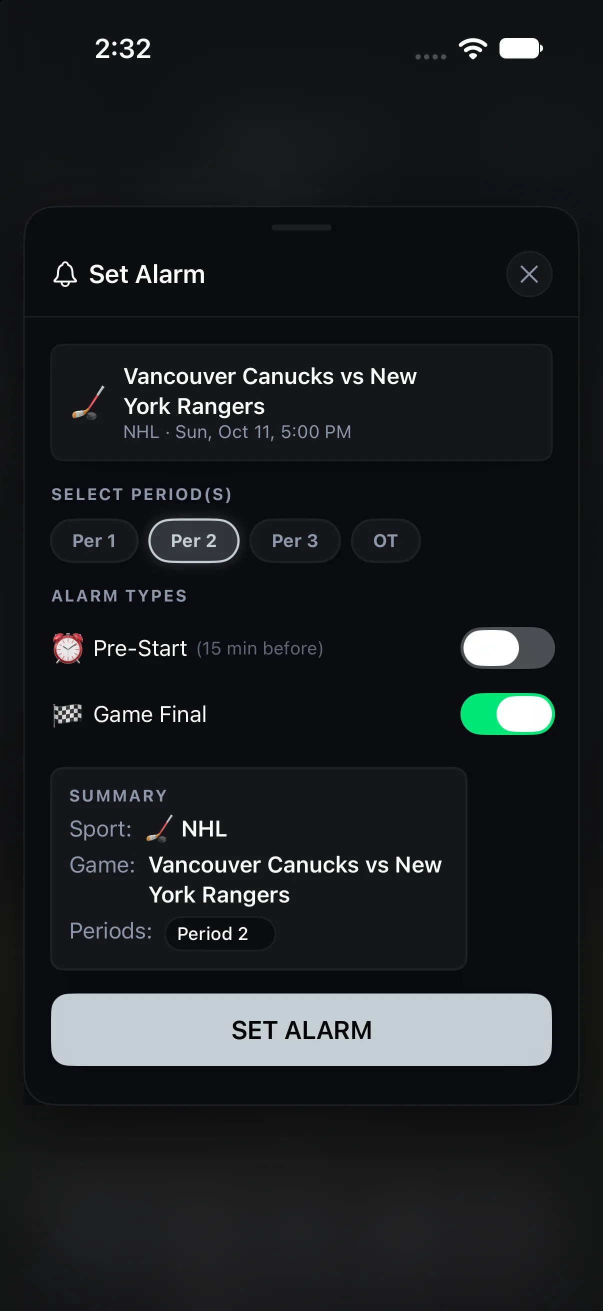 NHL alarm setup screen