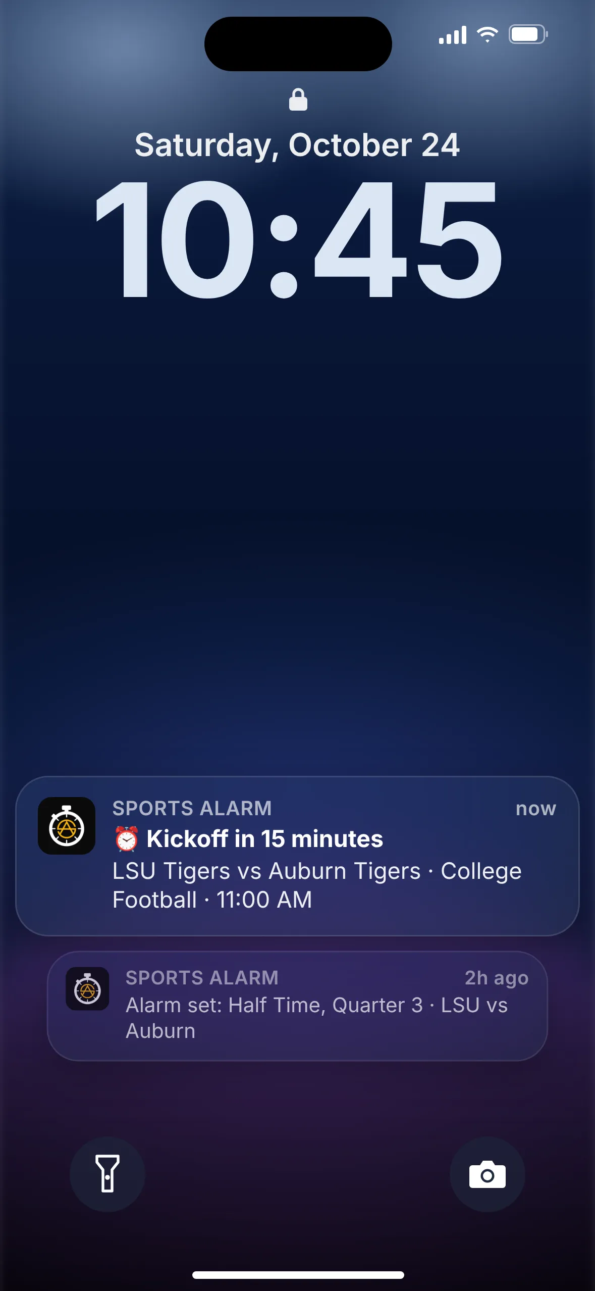 Sports Alarm lock screen alert: Kickoff in 15 minutes, LSU Tigers vs Auburn Tigers