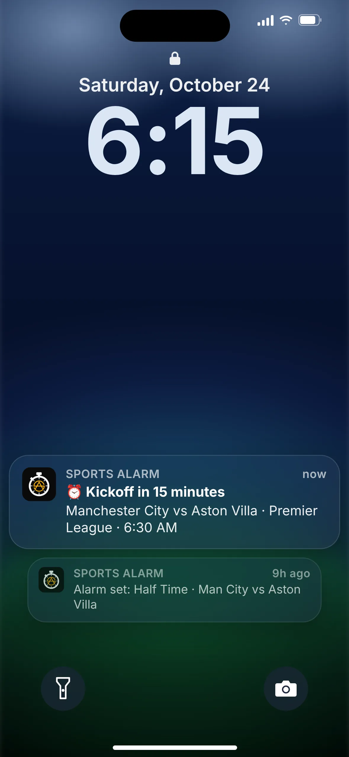 Sports Alarm lock screen alert: Man City vs Aston Villa kicks off in 15 minutes