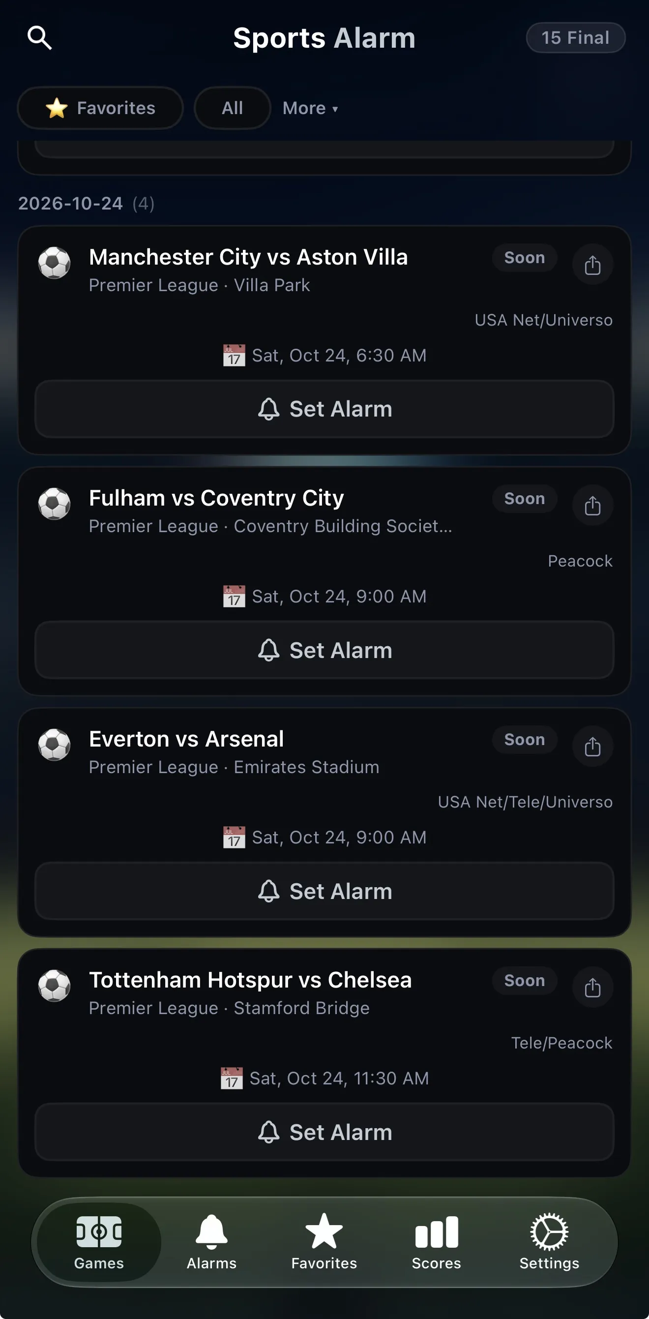 Premier League schedule in Sports Alarm with Set Alarm buttons