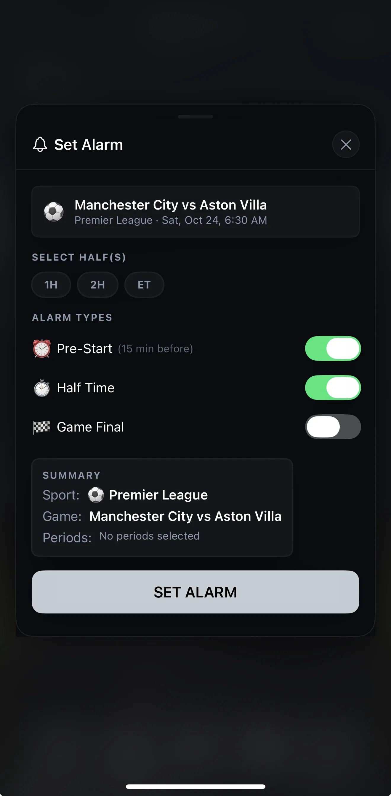 Setting kickoff and halftime alarms for Manchester City vs Aston Villa