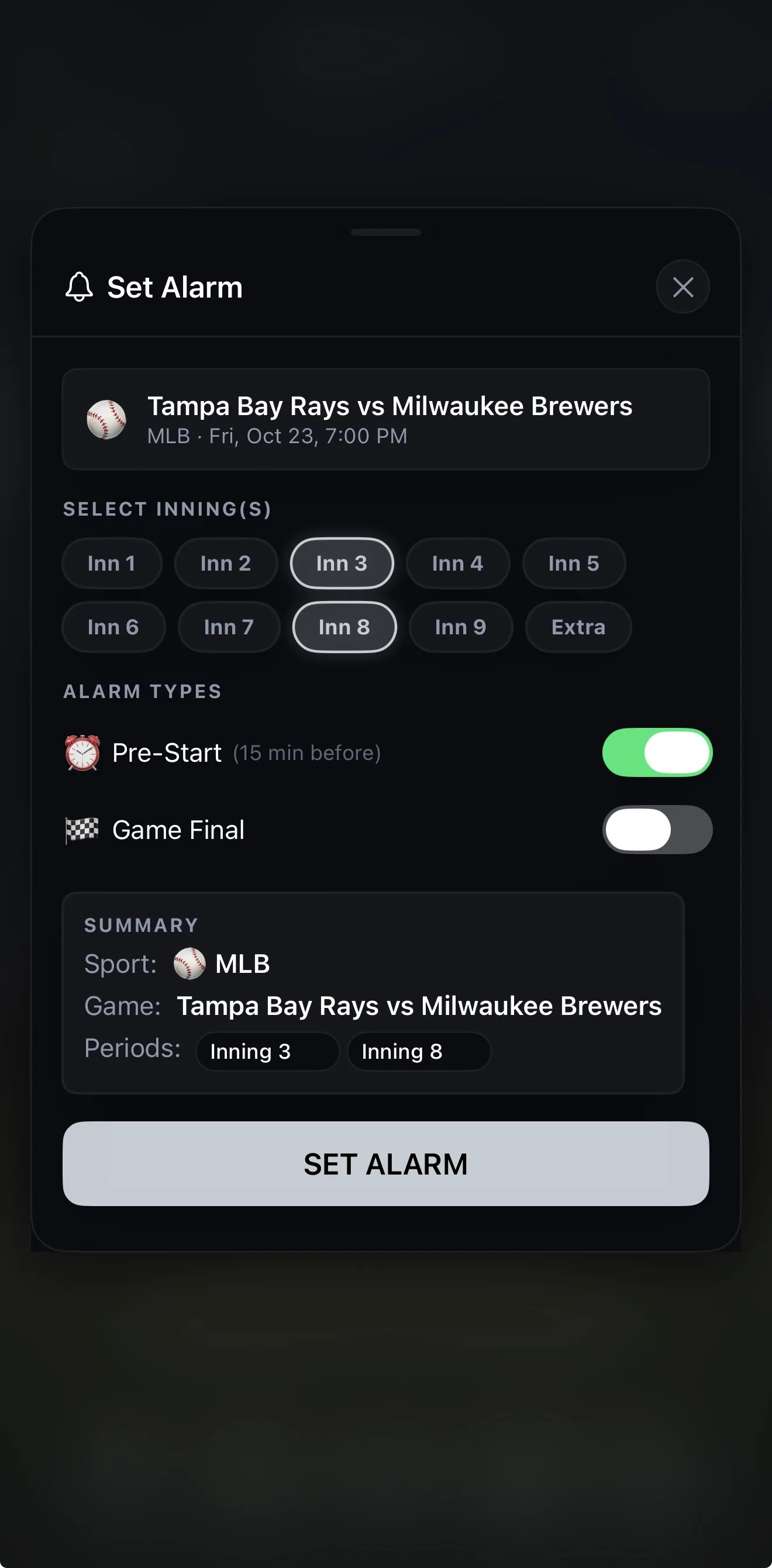 Setting Pre-Start and Inning 3 and Inning 8 alarms for Rays vs Brewers