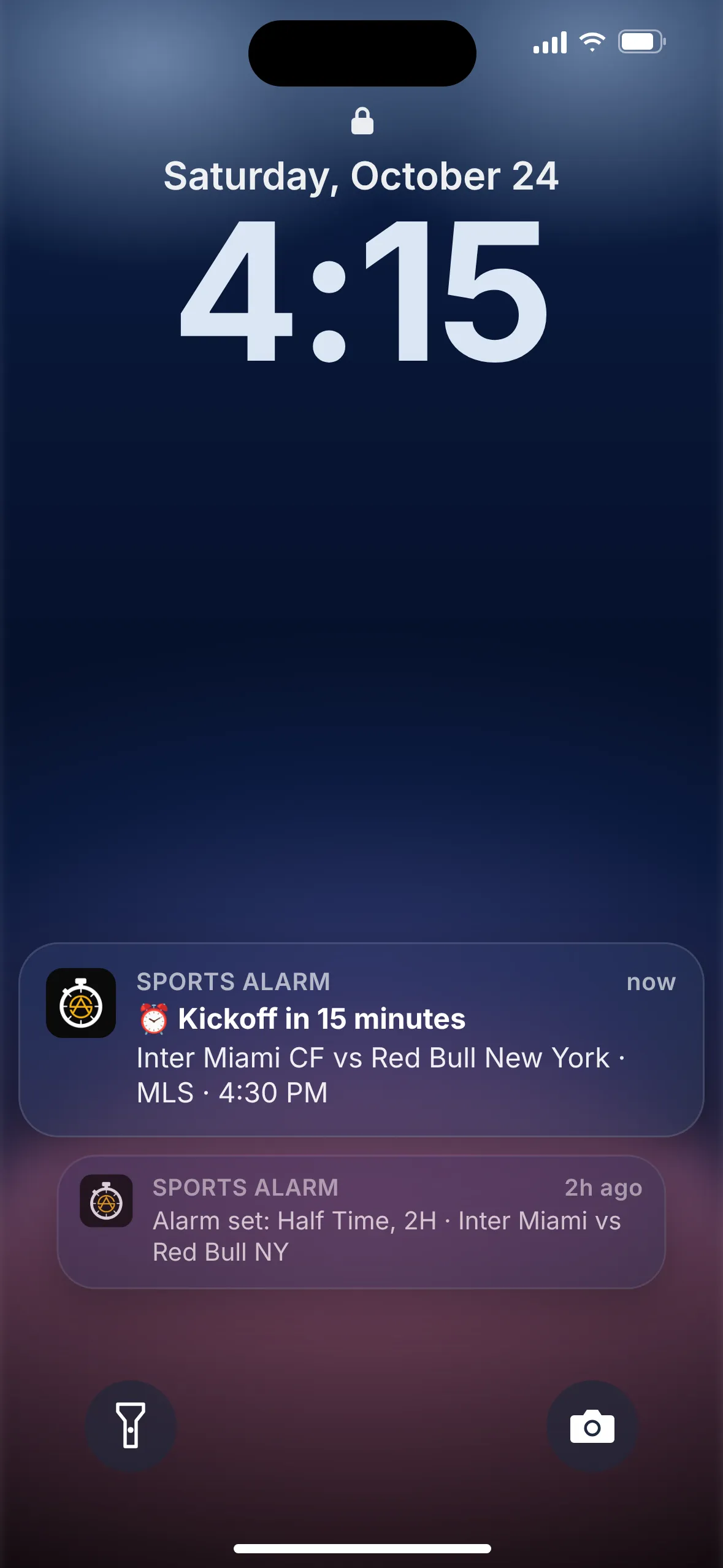 Sports Alarm lock screen alert: Kickoff in 15 minutes, Inter Miami CF vs Red Bull New York