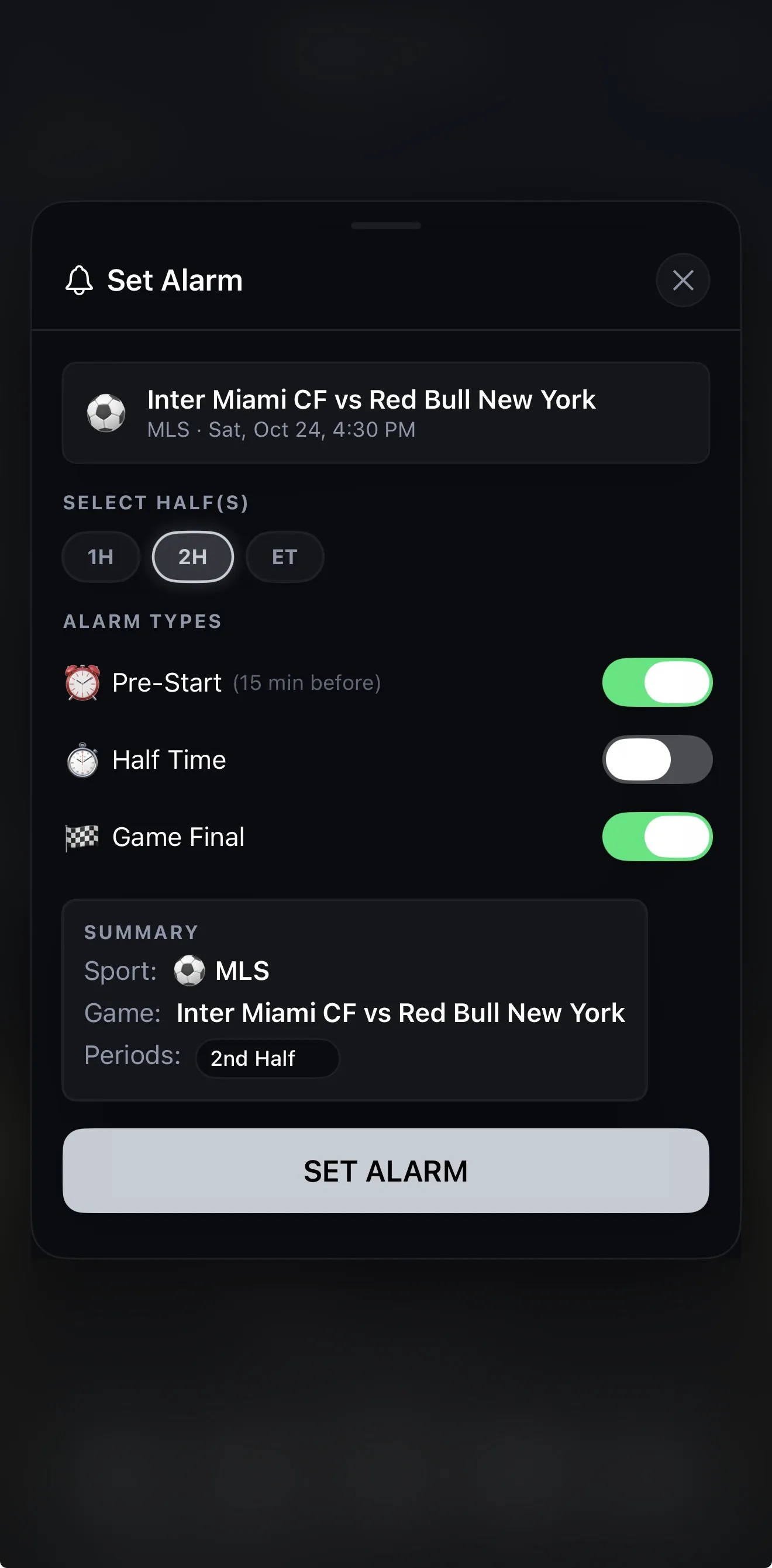 Setting Pre-Start and Half Time alarms for Inter Miami CF vs Red Bull New York in Sports Alarm