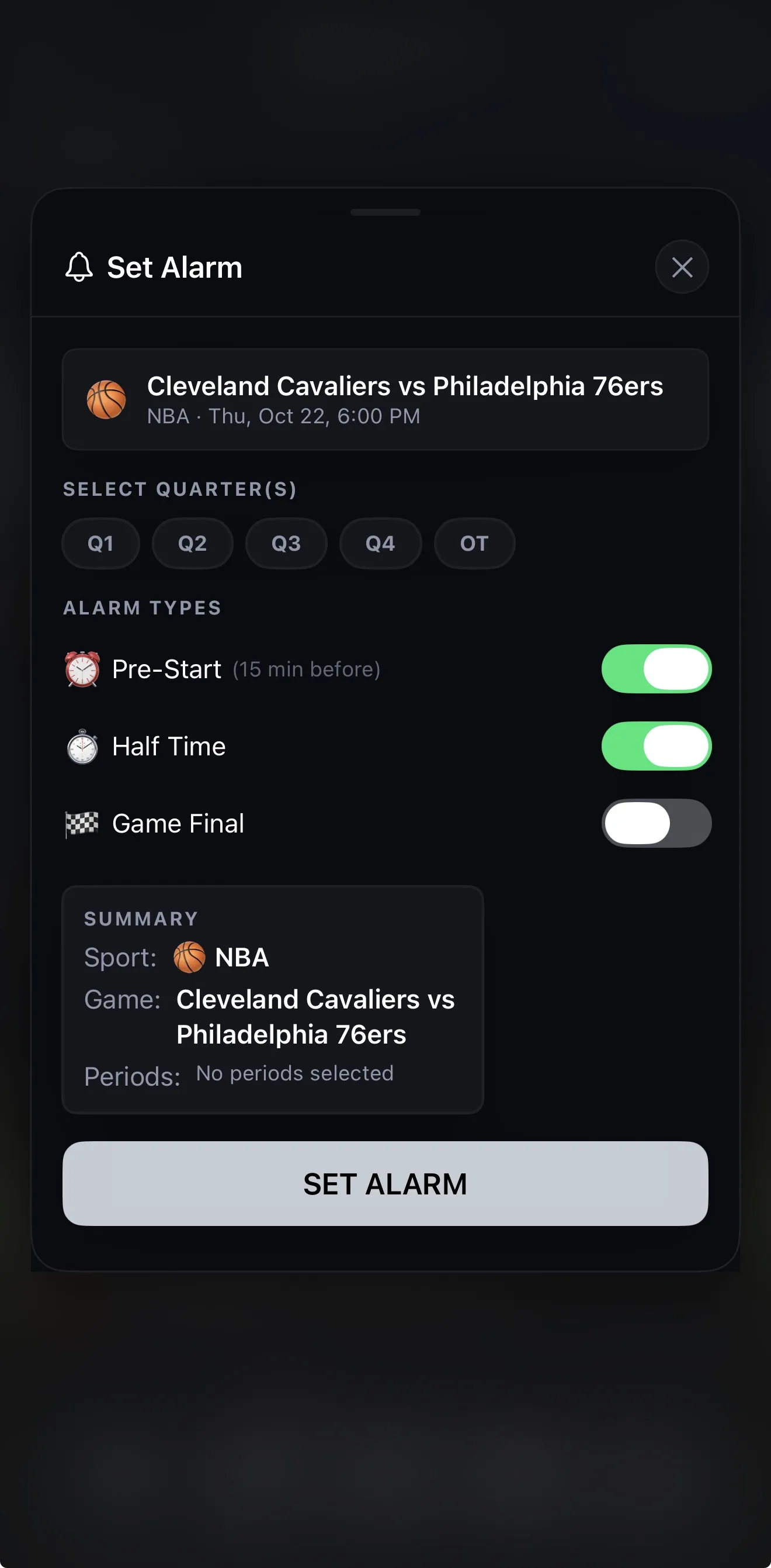 Setting Pre-Start and Half Time alarms for Cavaliers vs 76ers in Sports Alarm