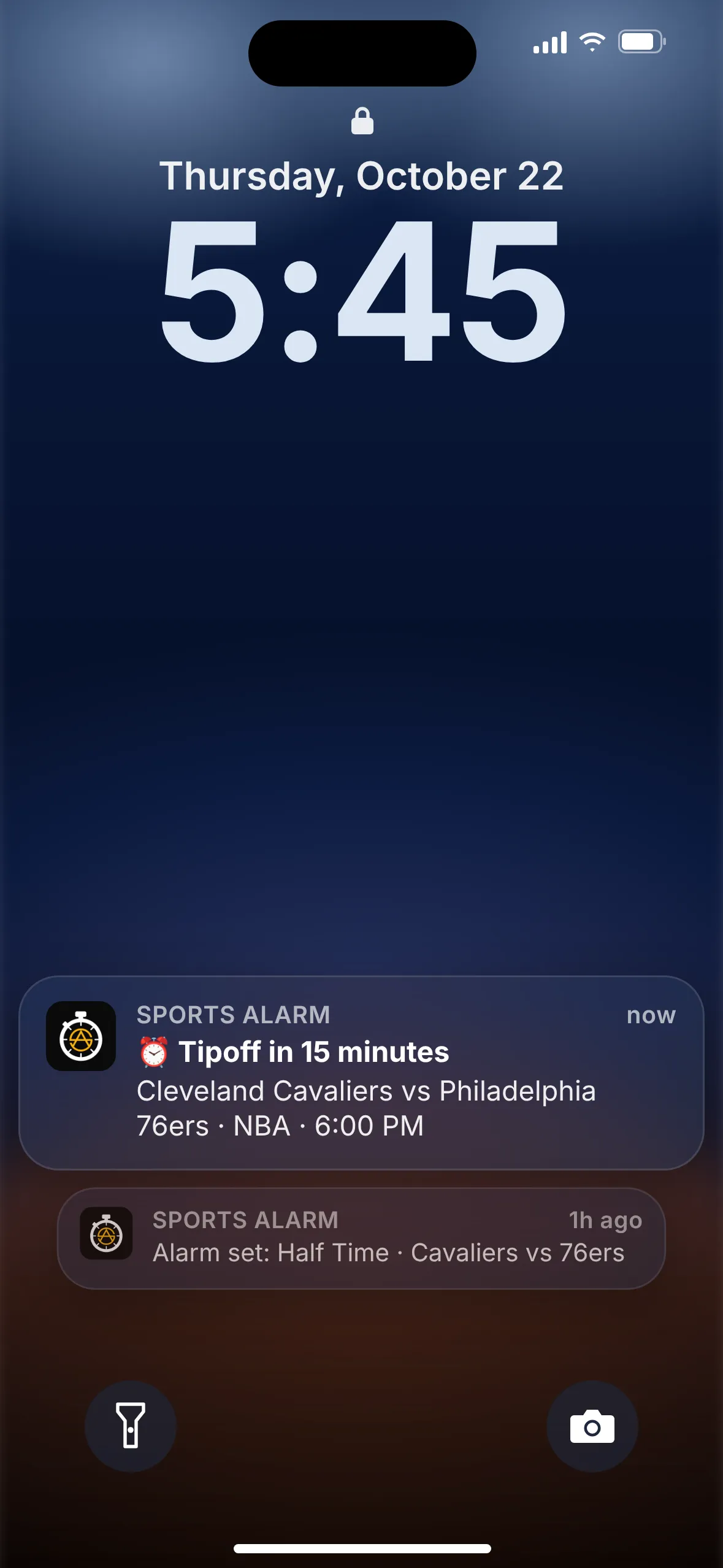 Sports Alarm lock screen alert: Tipoff in 15 minutes, Cleveland Cavaliers vs Philadelphia 76ers