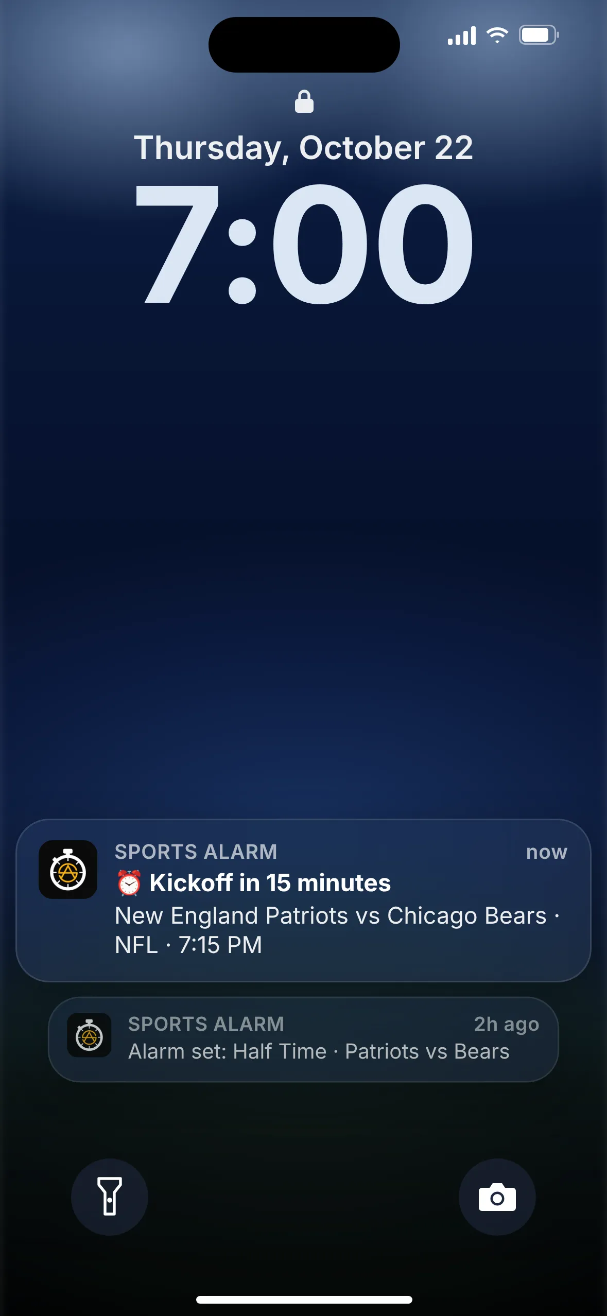Sports Alarm lock screen alert: Kickoff in 15 minutes, New England Patriots vs Chicago Bears