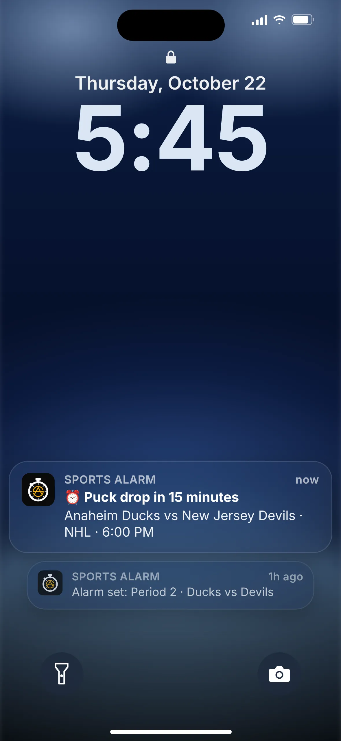Sports Alarm lock screen alert: Puck drop in 15 minutes, Anaheim Ducks vs New Jersey Devils