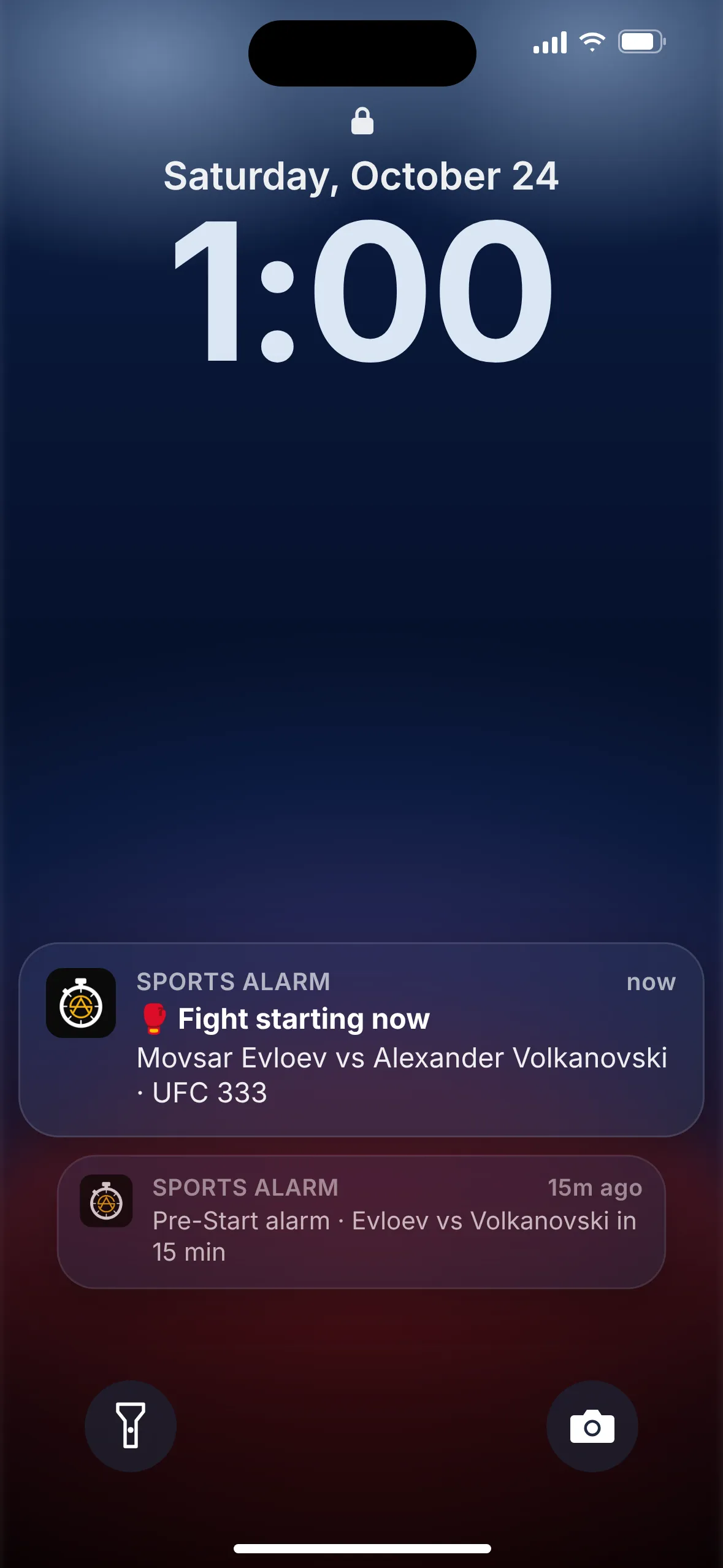 Sports Alarm lock screen alert: Fight starting now, Movsar Evloev vs Alexander Volkanovski at UFC 333