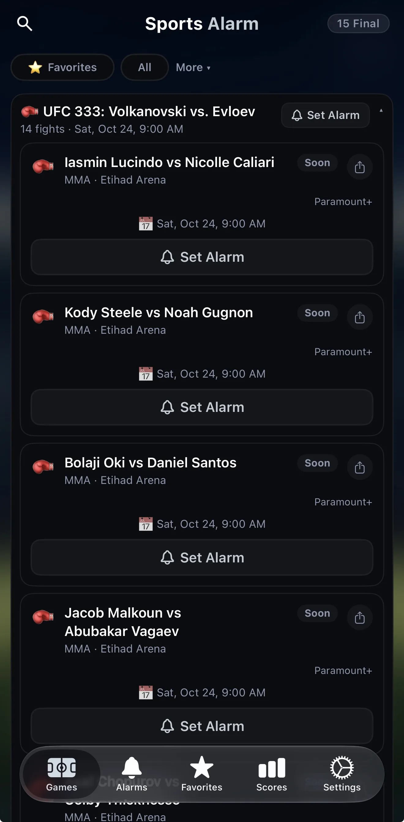 UFC 333 fight card in Sports Alarm with Set Alarm buttons for every fight