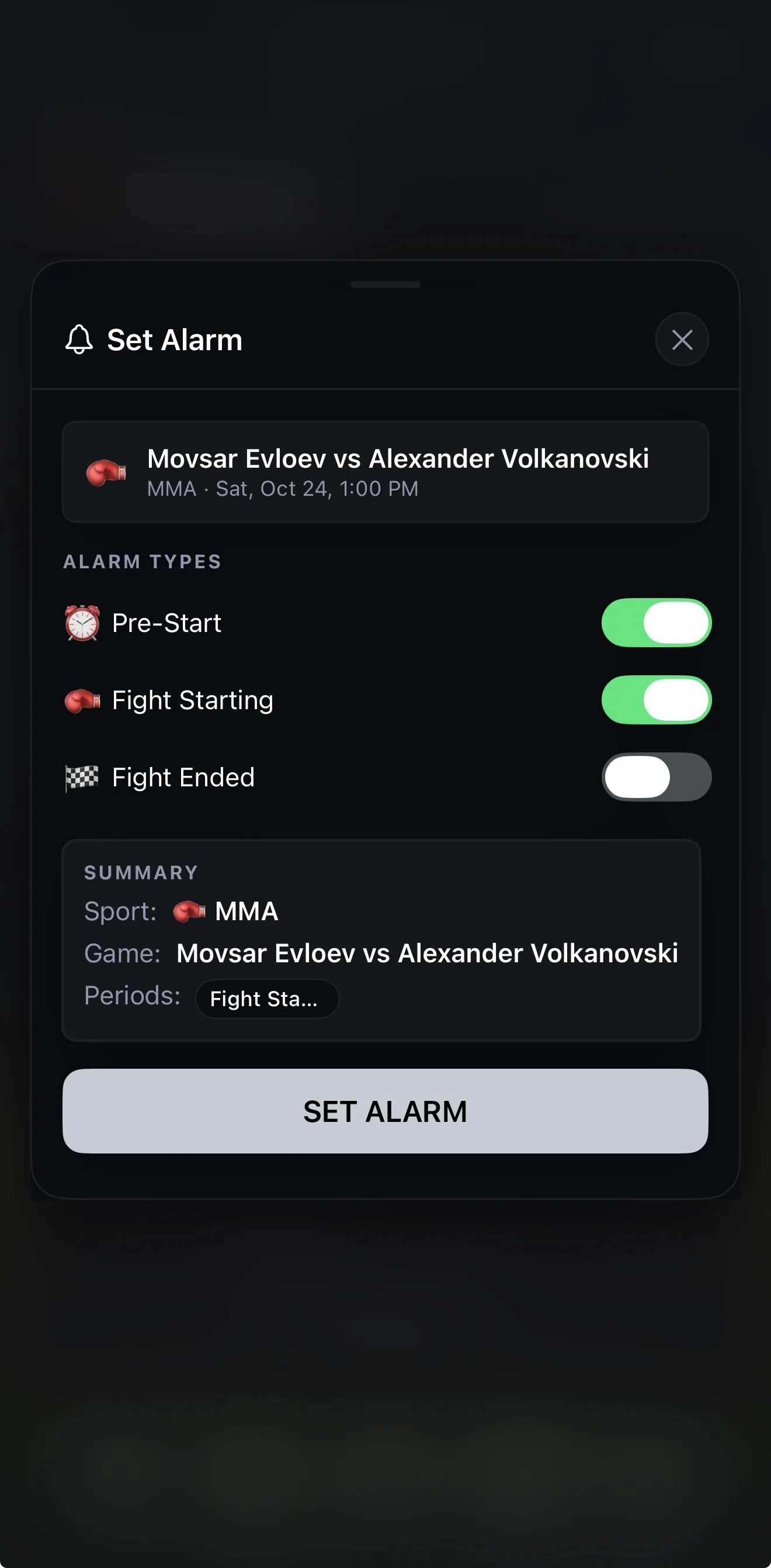 Setting Pre-Start and Fight Starting alarms for Evloev vs Volkanovski